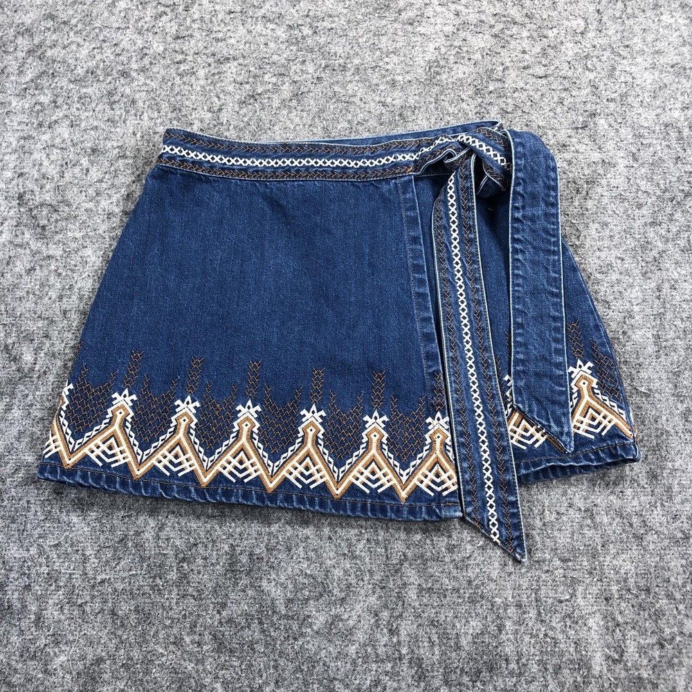 Free People Skirt Womens 2 Blue Denim Wrap Mini Embroidered Tie Waist Boho